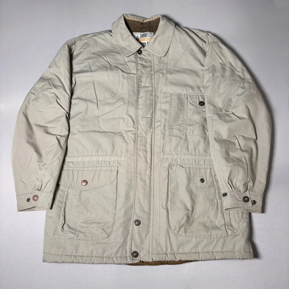 Towne by London Fog Mens Tan Khaki Quilted Lined Field Jacket Coat Size L